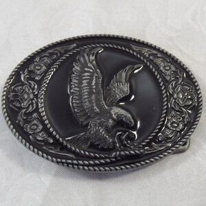 Eagle Belt Buckle Silver Tone Metal & Black Enamel